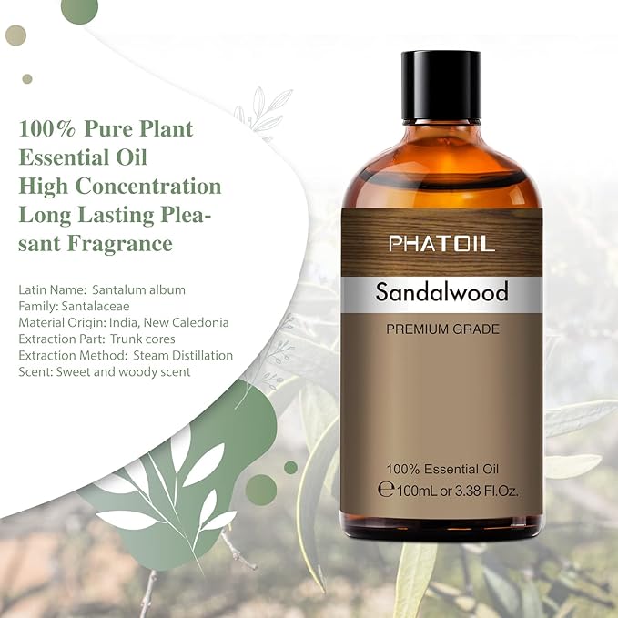 PHATOIL 3.38FL.OZ Sandalwood Fragrance Oils for Aromatherapy, Essential Oils for Diffusers for Home, Perfect for Diffuser, Yoga, Skin Care, DIY Candle and Soap Making - 100ml - Bloomnest