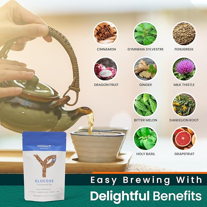Herbaly Glucose Functional Tea - Vitality & Wellness - Gymnema Sylvestre, Ceylon Cinnamon, Bitter Melon, Dandelion Root, Fenugreek - Daily Teas - Organic Plant-Based Tea Bag Pyramids - 30 ct - Bloomnest