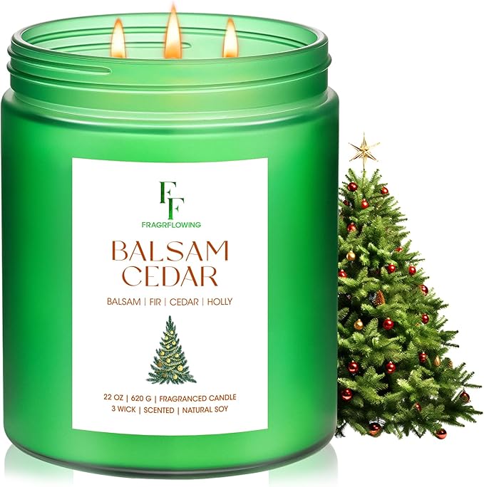 Large Christmas Candle Balsam Cedar Scented, 3-Wick 22oz Long Lasting Scented Candle, Natural Soy Wax Aromatherapy Candle for Home, Holiday Candle Gifts for Women Men - Bloomnest