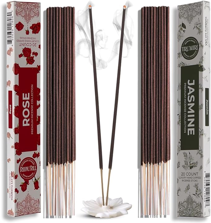 Trumiri Incense Sticks - Combo Pack of 40 Insence-Sticks - 20 Rose + 20 Jasmine - Insenses - Insents - Incents - Inscense - Incence - Incienso - All Natural Incense Sticks TRUMIRI