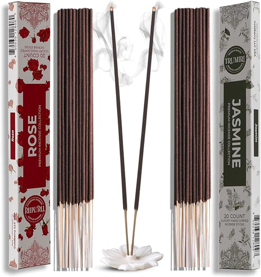 Trumiri Incense Sticks - Combo Pack of 40 Insence-Sticks - 20 Rose + 20 Jasmine - Insenses - Insents - Incents - Inscense - Incence - Incienso - All Natural Incense Sticks TRUMIRI