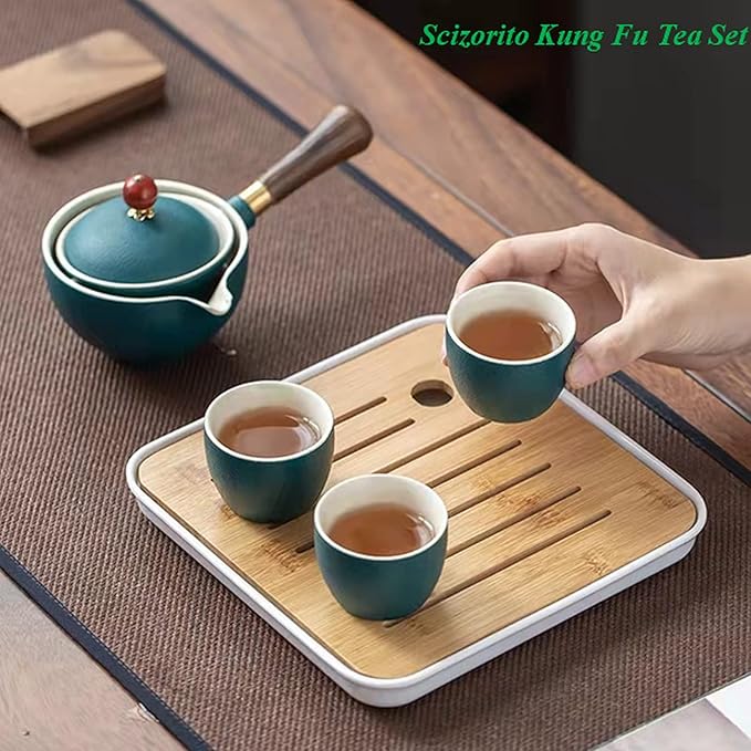 Ceramic Portable Travel Tea Set, Chinese Kungfu Tea Set with 360 Rotation Teapot and Infuser, 4 Tea Cups, Tea Tray And Travel Bag (Green)