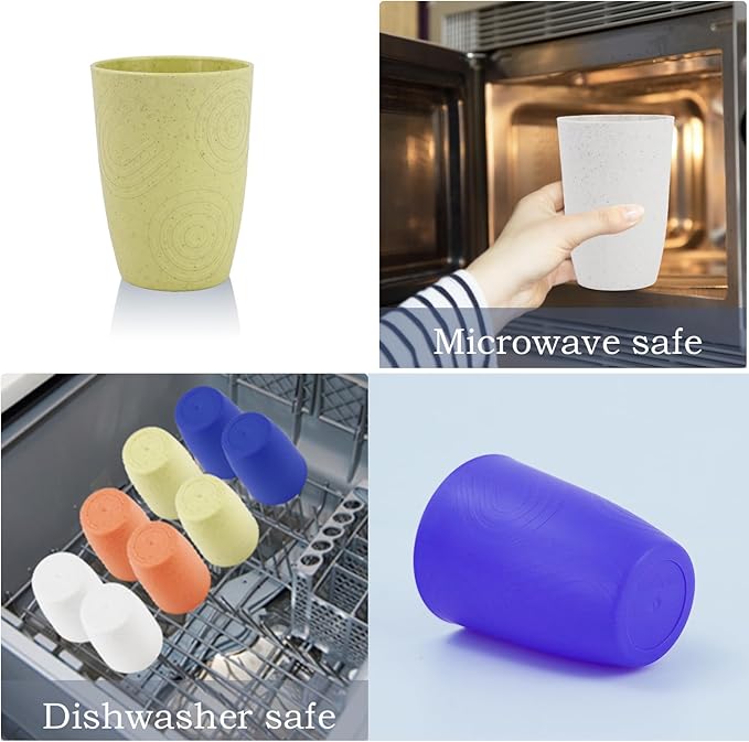Wrova Wheat Straw Cups 8PCS,12oz Unreabkable Drinking Cups Freezer,Dishwasher and Microwave Safe,Sturdy Plastic Cups Reusable suitable for Kitchen,Camping,Picnic,White-Yellow-Orange-Blue - Bloomnest