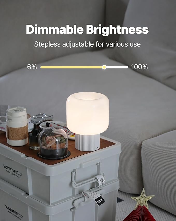 Halo Mushroom Lamp, 5W Cute Cordless Rechargeable Table Lamp with Glass Shade, 3 Color Temps LED Dimmable Ambient Lighting, Small Retro Touch Bedside Light for Bedroom Decor, White - Bloomnest