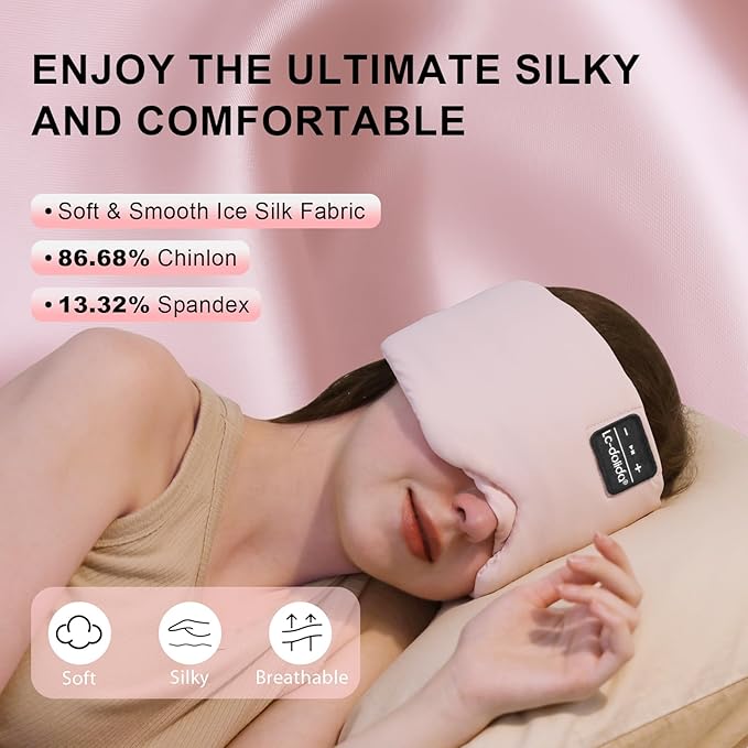 LC-dolida Sleep Mask with Bluetooth Headphones, Ice Silk Sleep Headphones with Bluetooth 5.4, Total Blackout Eye Mask for Sleeping, Sleep Soft Mask for Women Men, All Night Sleep, Travel(Pink) - Bloomnest