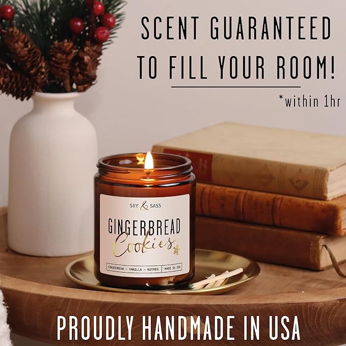 Gingerbread Candle, Christmas Candles Scented – ‘Gingerbread Cookies’ Soy Candle, w/Gingerbread, Cinnamon & Vanilla - Infused with Essential Oils I 9oz, 50Hr, Made in USA - Bloomnest