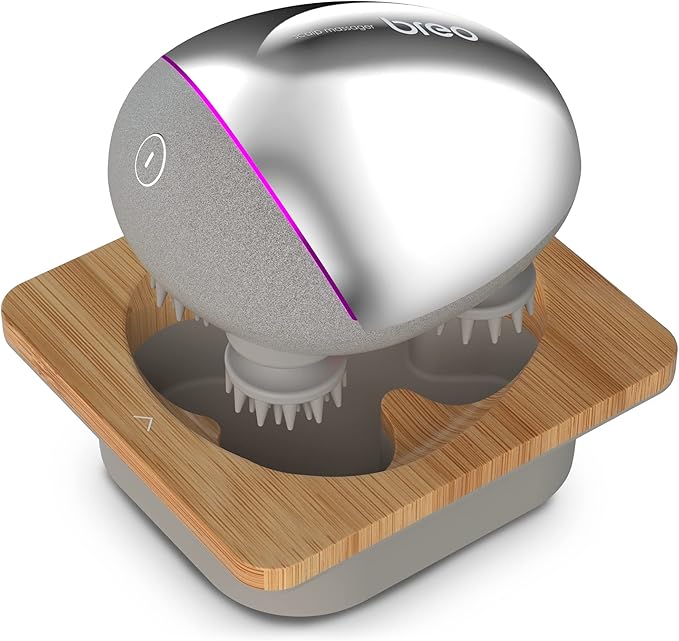 Breo Portable Mini Scalp Massager – IPX7 Waterproof Rechargeable Head Massager for Scalp Relax, Stress Relief Tool with Bamboo Wood Charging Base, Removable Massage Nodes (Silver with Base) breo