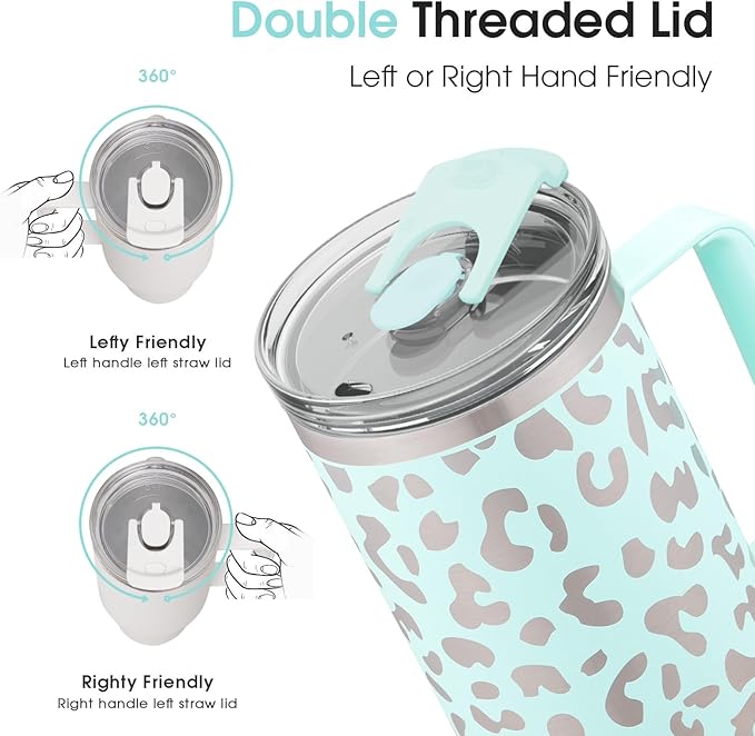 COKTIK 40 oz Tumbler With Handle and Straw Lid, Vacuum Insulated Travel Coffee Mug Stainless Steel Insulated Cup for Beverages, Leak-proof, Cupholder Friendly (Seafoam Leopard) - Bloomnest