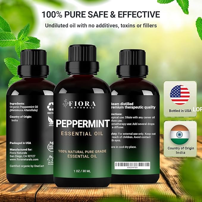Peppermint Essential Oil by Fiora Naturals - 100% Pure Peppermint Oil for Hair Growth, Skin and Scalp Acne, Diffuser, DIY soap, and Candle Making. Pure Mentha Piperita Oil - Bloomnest