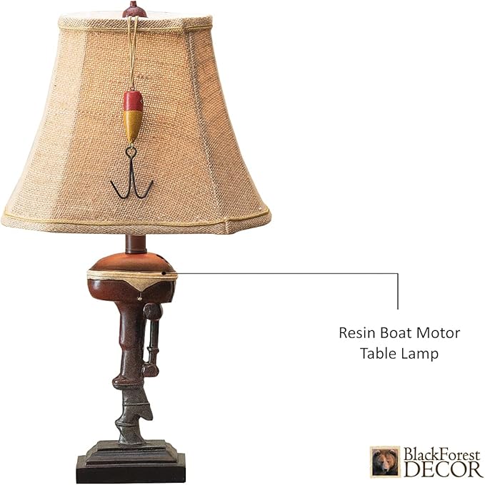 BLACK FOREST DECOR Outboard Accent Table Lamp – Rustic Boat Motor Fishing Lamp with Linen Shade – 11" W x 8.2" D x 20" H - Bloomnest
