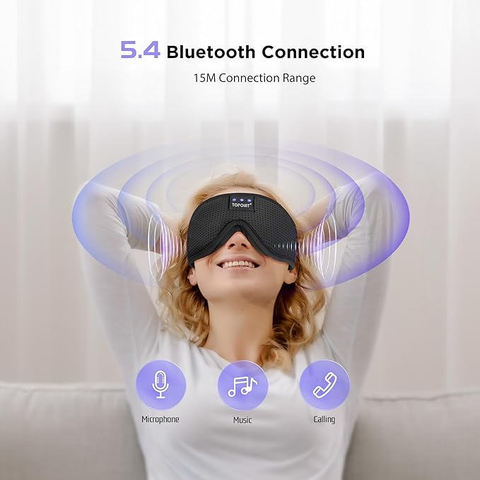 Sleep Mask with Bluetooth Headphones Wireless, TOPOINT 3D Eye Mask for Sleeping Headphones Women Men with Noise Canceling Earbuds, Thin Speaker, Blackout, 15 Hours for Travel, Meditation, CPAP Users - Bloomnest