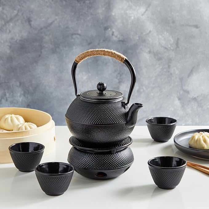 Juvale Tea Kettle Stovetop Japanese Cast Iron Tetsubin - 40 oz, Black - Cast Iron Tea Set & Teapot with Loose Leaf Infuser, Warmer & 4 Cups, Trivet - Bloomnest