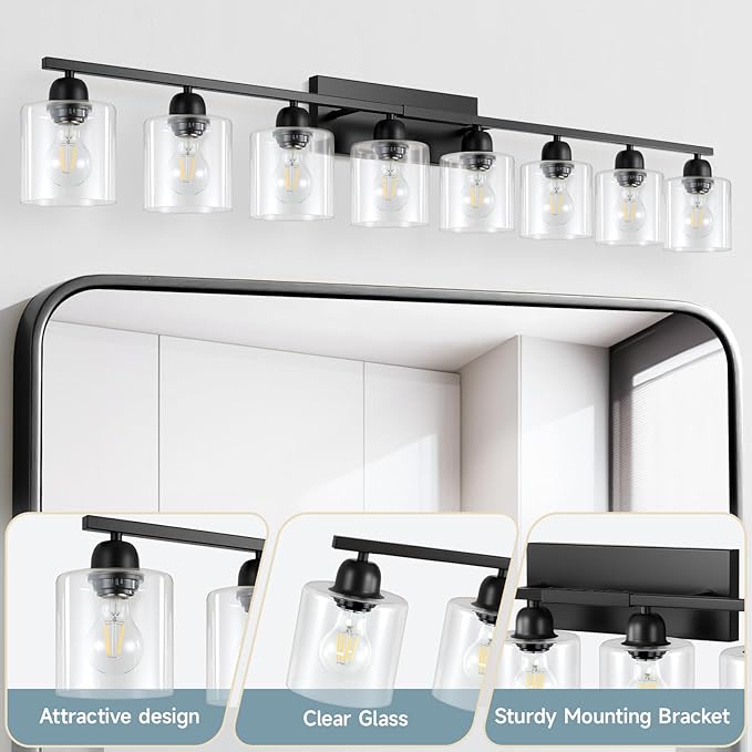 Modern 8 Light 52 inch Vanity Lights for Bathroom with Clear Glass, Black Bathroom Light Fixture for Mirror Kitchen Living Room Hallway Cabinet Porch - Bloomnest