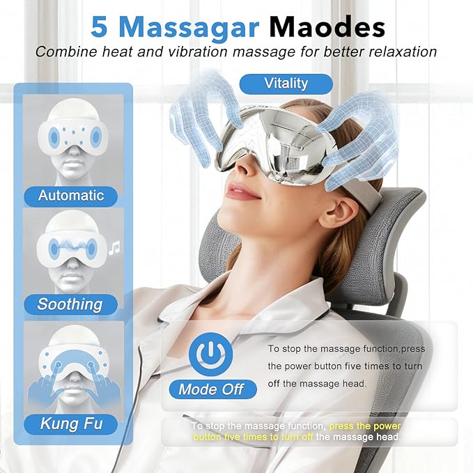 Eye Massager with Heat and Cooling for Migraines – 14 Massage Nodes for Eye Strain Relief, Rechargeable Bluetooth Music, Improve Sleep,Eye Strain Relief, Birthday Gifts for Women and Men(sliver) Bloomnest