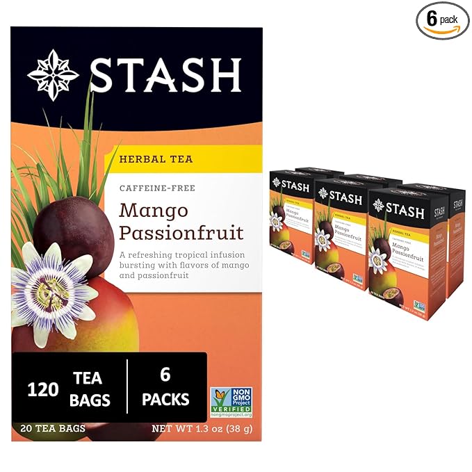 Stash Tea Mango Passionfruit Herbal Tea - Naturally Caffeine Free, Non-GMO Project Verified Premium Tea with No Artificial Ingredients, 20 Count (Pack of 6) - 120 Bags Total - Bloomnest