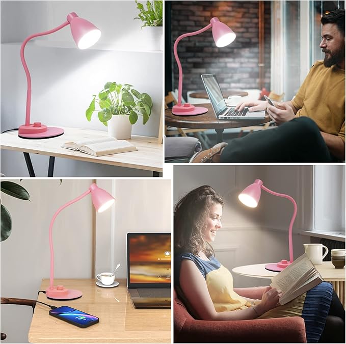 BOHON Cute Desk Lamp with USB Charging Port, Pink Lamp 3 Color Modes Dimmable LED Reading Lamp, Flexible Gooseneck Auto Dimming Table Task Light for Home Office Dorm Bedside, Pink - Bloomnest