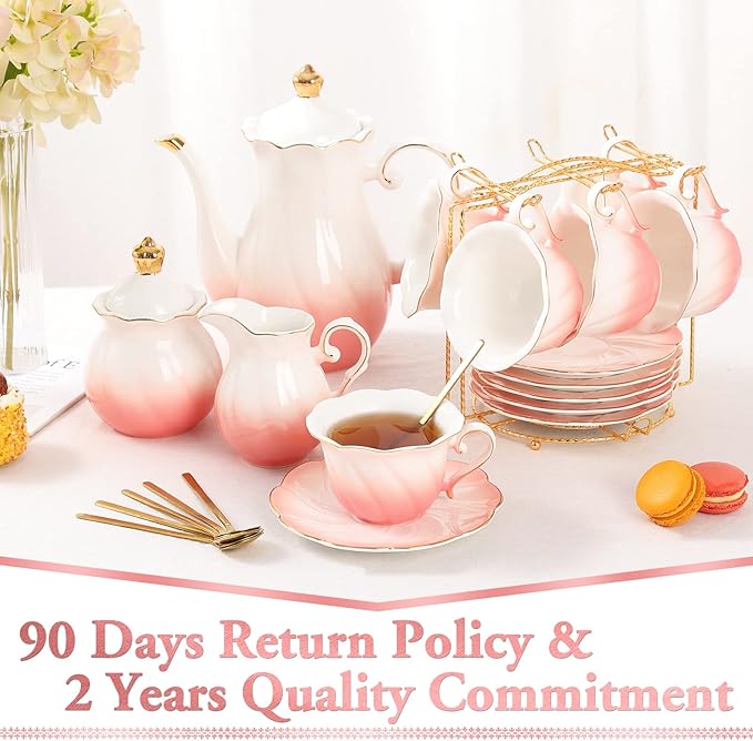 DUJUST 22 pcs Porcelain Tea Set for 6, Luxury British Style Tea/Coffee Cup Set with Golden Trim, Beautiful Tea Set for Women, Tea Party Set, Gift Package (With a Stand) - Gradient Pink - Bloomnest