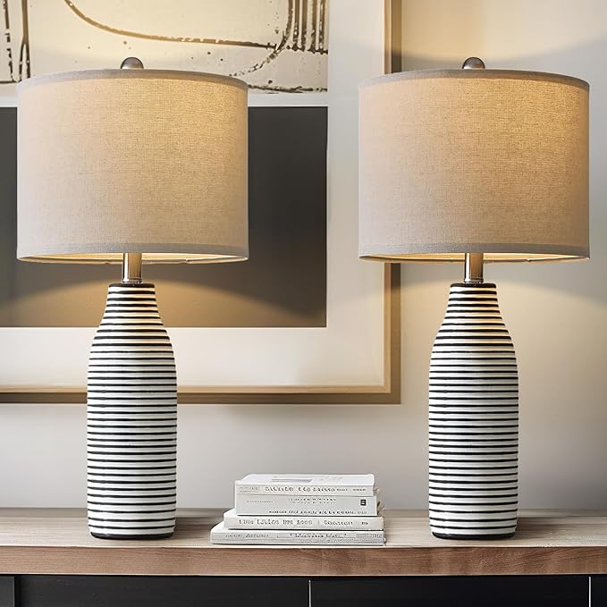PORTRES 25" Ceramic Table Lamps Set of 2 Beside Lamps for Living Room Modern Bedroom Lamps for Night Stands with Rotary Switch Black and White Stripes - Bloomnest