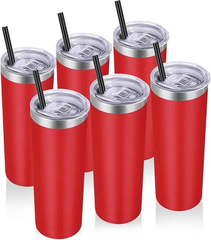 VEGOND 20 oz Stainless Steel Skinny Tumbler with Lids and Straws, 20oz Vacuum Insulated Slim Tumbler Cup, Double Wall Travel Tumblers Bulk for Cold Hot Drinks, Red 6 Pack - Bloomnest