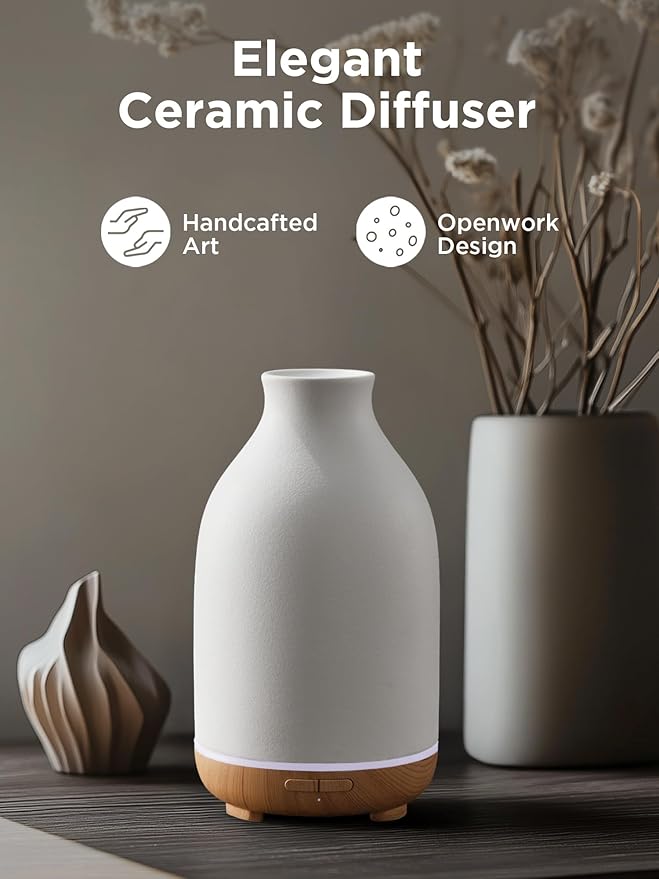 InnoGear Essential Oil Diffuser, 150ml Ceramic Stone Diffuser Handcrafted Aromatherapy Diffusers Ultrasonic Cool Mist Humidifier Vaporizor with 2 Mist Modes Waterless Auto Off for Room Office, White - Bloomnest