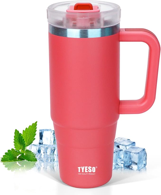Tyeso 30 oz Tumbler with Handle, Straw and Lid - Leak Resistant Insulated Stainless Steel Water Bottle, Car Cup Holder Friendly Travel Coffee Mug Rose - Gifts for Men & Women - Bloomnest