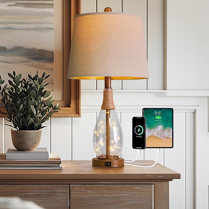OYEARS 23" USB A+C Table Lamp for Bedroom Living Room Modern Bedside Lamps Retro Farmhouse Rattan Glass Nightstand Nightlight Lamps,Two Light Points - Bloomnest