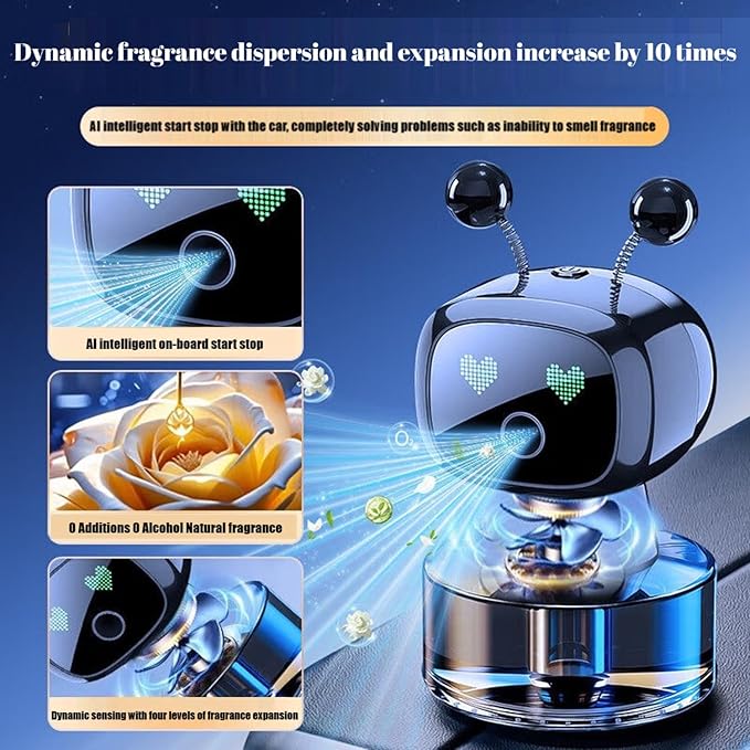 Robot Intelligent Aromatherapy Machine, Smart Cute Robot Car Air Freshener - Fine Spray/Fillable/Four-Gear Adjustment/Vibration Sensing/On-Off/Large Capacity Long-Lasting Fragrance/Black-V2(Cologne) - Bloomnest