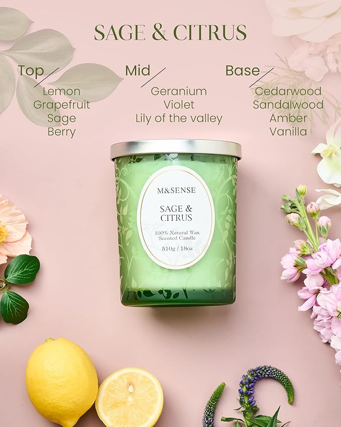 M&SENSE Sage Citrus Scented Candle, Cracking Wooden Wick Soy Wax, 18oz 100 Hours Long Lasting Clean Burn, Large Jar Candles for Home Decor, Non-Toxic Relaxing Aromatherapy Gifts for Women - Bloomnest