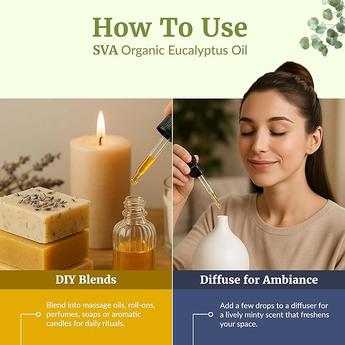 SVA Eucalyptus Essential Oil Organic – 4 Fl Oz – 100% Natural Organic Eucalyptus Oil - for Diffuser, Hair, Face, Skin Care, Aromatherapy, Scalp and Body Massage, Soap and Candle Making - with Dropper - Bloomnest