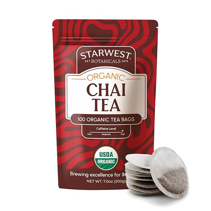 Starwest Botanicals Organic Chai Tea - Caffeinated Herbal Blend with Black Tea & Cinnamon, String Free Sachets, USDA Organic, Non GMO - Bulk Pack, 100 Tea Bags - Bloomnest
