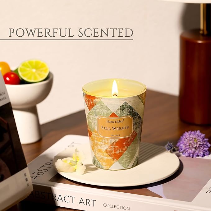 HomeLights Soy Wax Candles for Home Scented, 1-Wick Candles in Fall Wreath Scented, Rustic Modern Aromatherapy Candles Gift for Parties, Relaxing, 6.7oz - Bloomnest