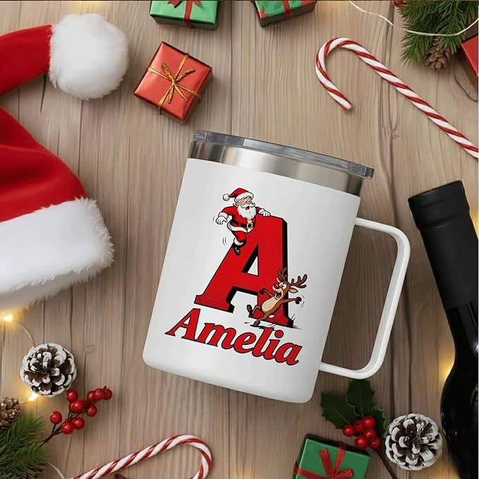 JugJug Personalized Christmas Mug with Initial & Name - Funny Falling Santa 12oz Insulated Coffee Cup w/Lid - Xmas Gifts for Kids, Girls, Family (B159) - Bloomnest