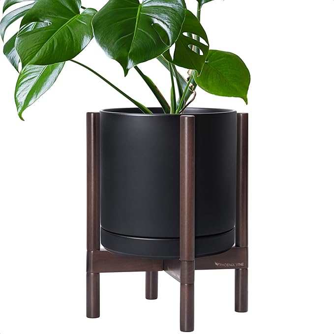D'vine Dev Ceramic Planter with Walnut Color Stand - 12 Inch Modern Round Flower Pot with Wood Planter Holder, Black, 55-B-W-2 - Bloomnest