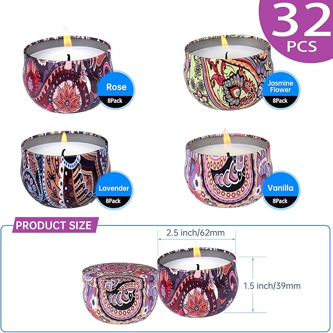 32 Pack Scented Candles Gift Set, Natural Soy Wax Travel Tin Candles for Home Scented, Ideal for Christmas, Birthday, Thanksgiving, Valentines Day Gifts - Bloomnest