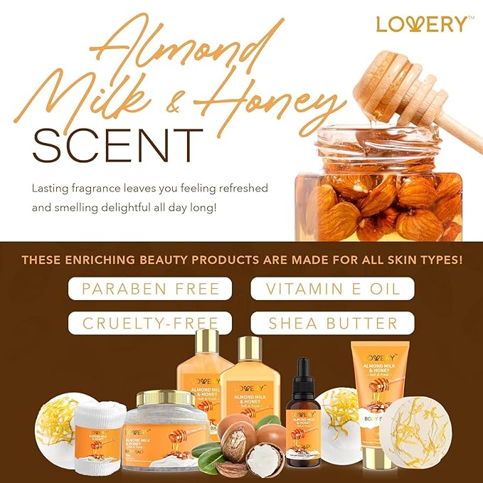 Gifts for Women Gift Basket for Women - 10 Pc Almond Milk & Honey Beauty & Personal Care Set - Valentines Day Gifts for Her Home Bath Package - Spa Self Care Kit - Birthday, Mom, Anniversary Gift - Bloomnest