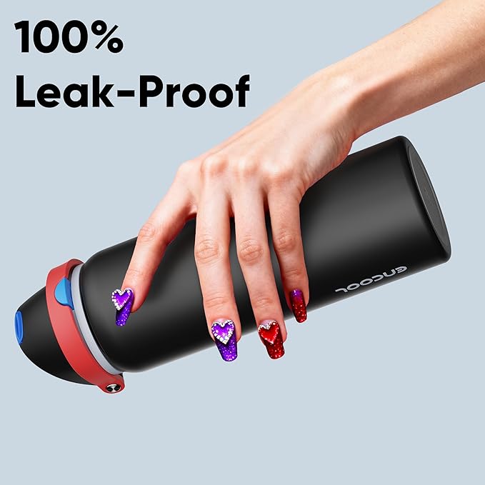 Insulated Water Bottle with Straw - Encool Stainless Steel Water Bottle with Push Button Lid, Leak-Proof & BPA-Free, Keeps Cold for 24 Hours for Sports, Travel, Gym (32 oz, Oil Black) ENCOOL
