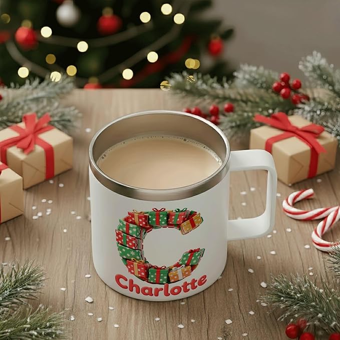 Personalized Christmas Mug with Name, 12oz Insulated Coffee Tumbler with Handle, Custom Present Initial Cup, Festive Holiday Xmas Gift for Women, Her (B06) - Bloomnest