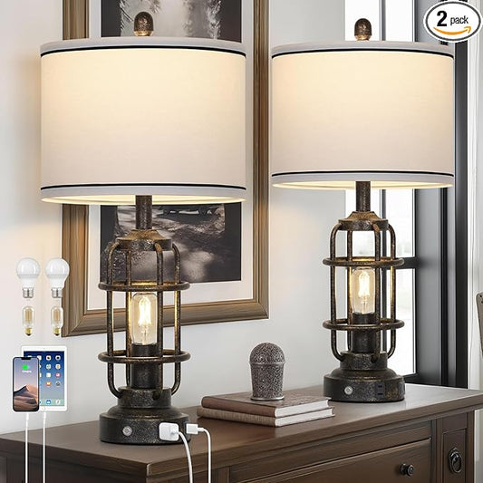26" Vintage Industrial Table Lamps Set of 2, Farmhouse 3 Way Dimmable Touch Control LED Night Lights Table Lamp with USB A+C Ports & AC Outlet, Rustic Retro Beside Nightstand Lamp for Bedrooms Bronze - Bloomnest
