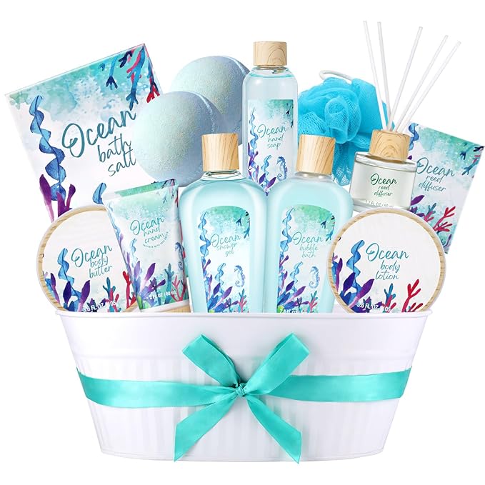 BODY & EARTH 12Pcs Ocean Scent Spa Gift Baskets for Women Luxurious Gifts for Women Valentines Day Gifts for Her Gift Sets for Women