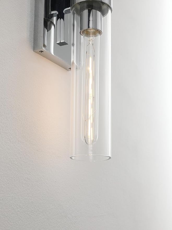 Chrome Tube Wall Sconces with Clear Glass, 24'' Modern Bathroom Vanity Light Fixtures for Bathroom Living Room Bedroom Hallway Fireplace Staircase(Bulb Included). - Bloomnest
