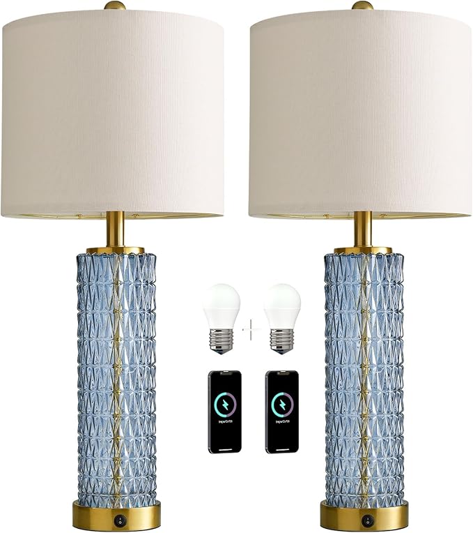 Oneach 27.75” Table Lamps Set of 2, Blue Modern Bedside Lamp with LED Night Light, USB A+C, Glass Lamps for Living Room, Bedroom, Nightstand, Office, End Table (2 Bulbs Included) - Bloomnest