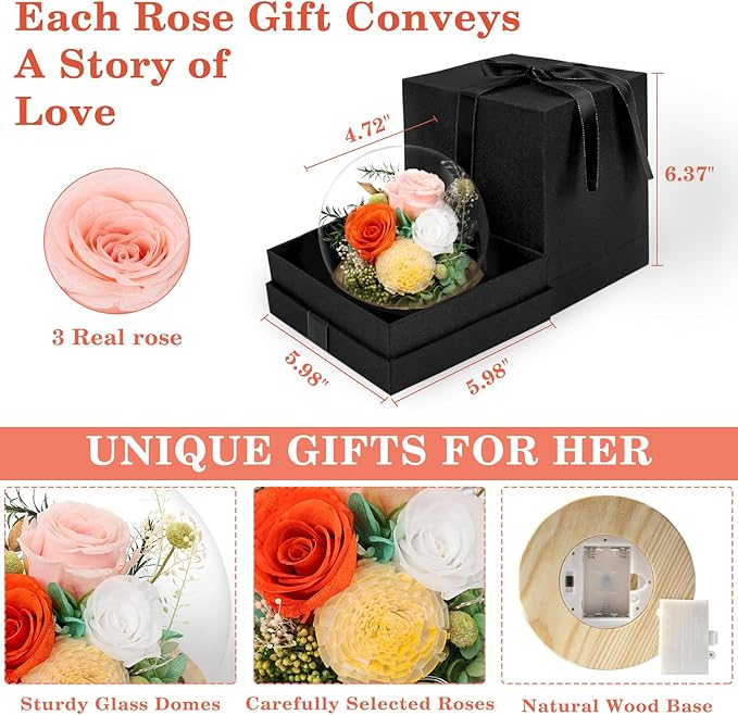 FIACO Preserved Rose Birthday Gift for Women Forever Fresh Flowers for Prime Delivery Gift for Mom Grandma Wife Valentines Mothers Day Christmas Anniversary Eternal Roses in Glass Dome - Bloomnest