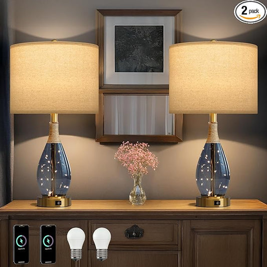 OYEARS 23" Table Lamps for Living Room Set of 2 Bedside Lamps for Night Stands Bedroom Lamps Farmhouse Rattan Boho Lamp Glass Nightlight End Table Lamp with USB C+A (Blue),Two Light Points - Bloomnest