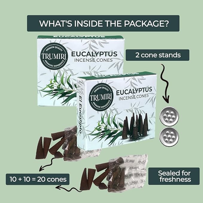 TRUMIRI Eucalyptus Incense Cones - Total 20 Cone Incense - Dual Pack of 10 Insence Cones - Incense Cones Scented - Cone Incense Scents - Insense Cones - Incent Cone TRUMIRI