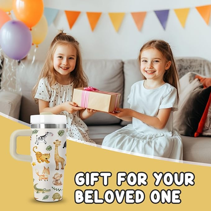 Animal Lover Gifts for Kids - 14 Oz Cute Cartoon Tumbler with Handle and Straw, Stainless Steel Insulated Tumbler, Sweatproof, for Sports, School, Travel - Boys Girls Children Birthday Gifts Cups(1pc) - Bloomnest
