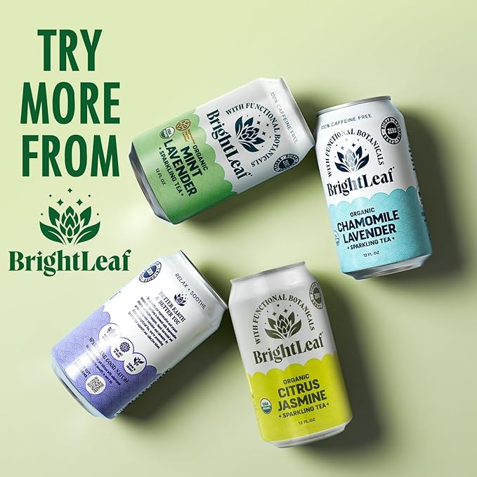 BrightLeaf Regenerative Organic Sparkling Tea, Jasmine Green, 12 oz Cans (Pack of 12) – Zero Sugar & Zero Calories – Organic Herbal Tea Drink – Mood-boosting ingredients – Craft Brewed Botanical Beverage - Bloomnest