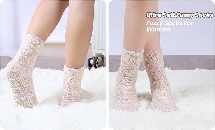 HUGSWEET 6 Pairs Thick Fuzzy Socks with Grip Cozy Non Slip Hospital Socks Home Fluffy Warm Slipper Socks Gifts for Women - Bloomnest