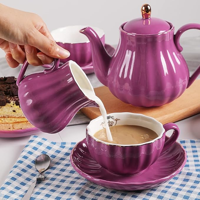 Porcelain Tea Sets British Royal Series, 8 OZ Cups& Saucer Service for 6, with Teapot Sugar Bowl Cream Pitcher Teaspoons and Tea Strainer, Suitable for High Tea, Wedding, Party (Violet) - Bloomnest