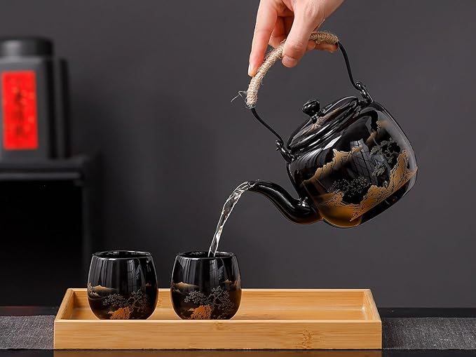 Traditional Japanese tea set, Japanese teapot set, Asian Black glazed tea set with 1 Teapot, 6 Tea cups, 1 Tea strainer, 1 Tea tray (Landscape Black) - Bloomnest