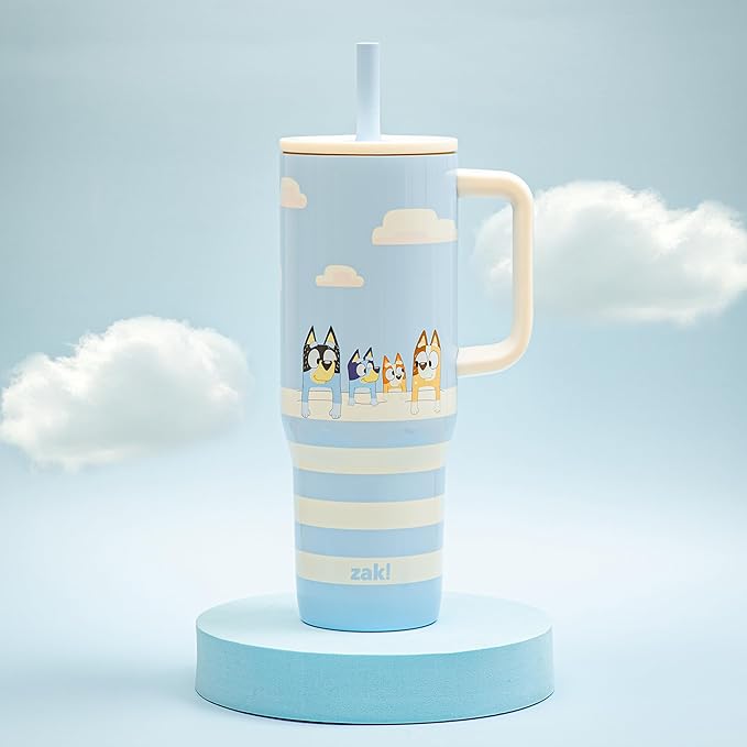 Zak Designs Bluey Sutton Travel Tumbler for On the Go, 30oz Stainless Steel with Vacuum Insulation, Silicone Straw, and Carry Handle for Cold Drinks (Bluey, Bingo, Bandit, Chilli) - Bloomnest